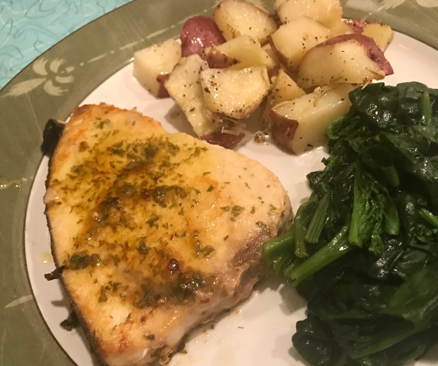 Dairy-Free Pan Roasted Swordfish with Garlic Spinach & Rosemary Red&nbsp;Potatoes